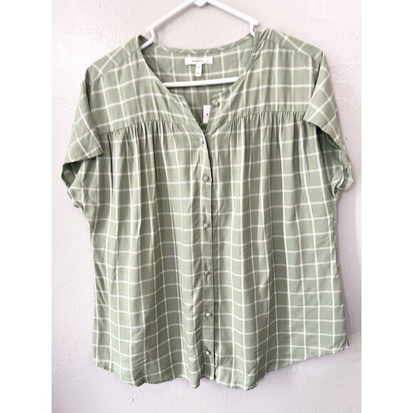 Maurices Green Plaid Woven Relaxed Fit Short Sleeve Button Down Size Medium Boxy - Picture 3 of 6